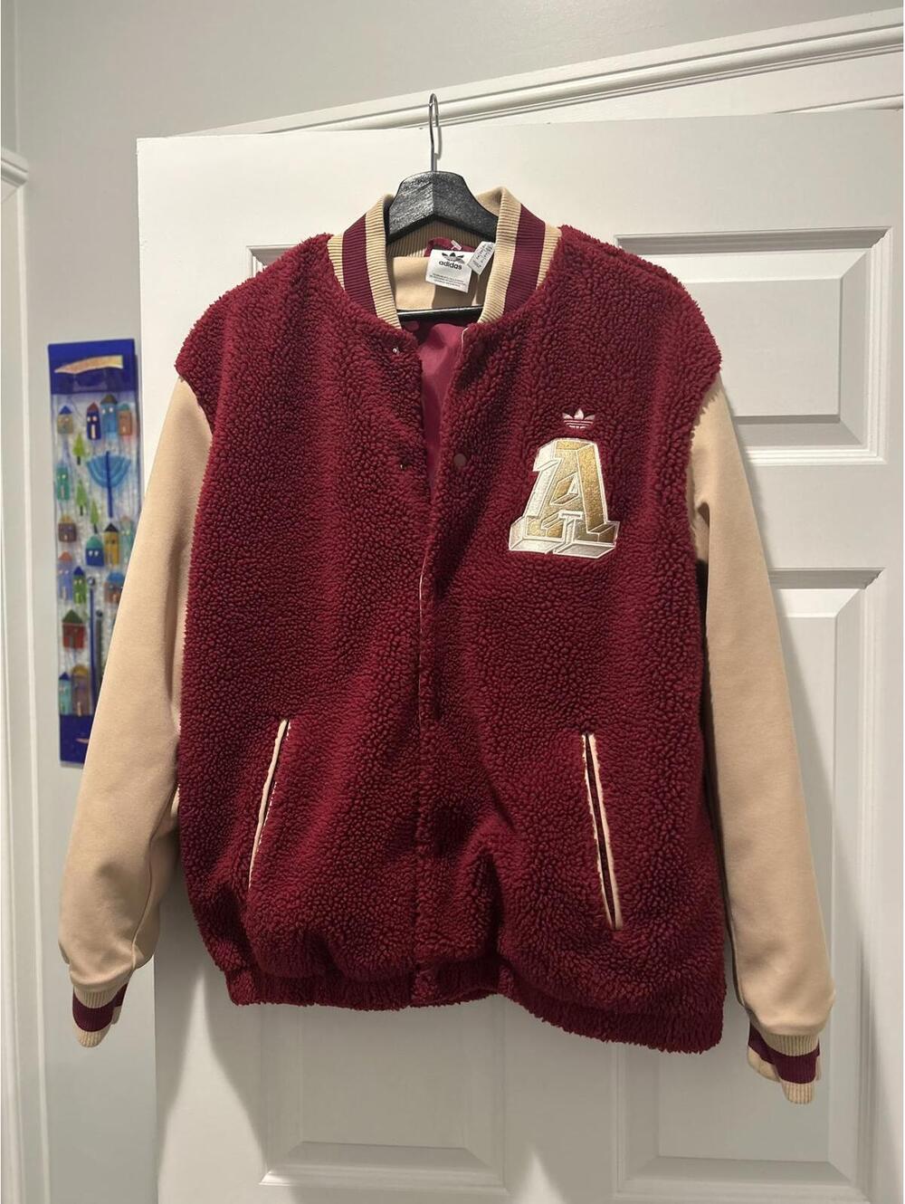 Adidas  Varsity Jacket in Burgundy and Beige, Size M